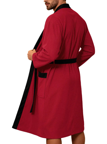 Men's Twill Fabric Long Bathrobe with Belt Design, Double Pockets, Casual Home Pajamas, Loose Fit, Hotel Resort Style, Nightwear