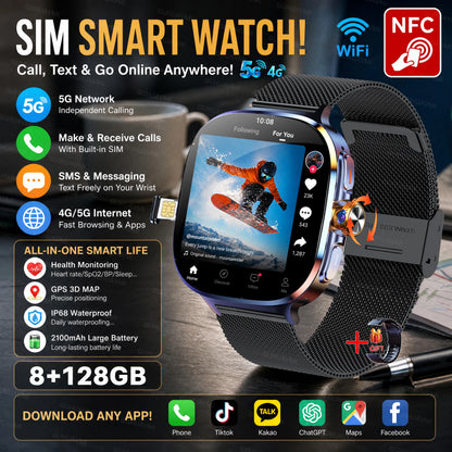 2026New 5G SIM Smart Watch 2.4" AMOLED 8+128GB GPS+NFC WIFI 1000W HD Camera IP68Waterproof Health Monitor Android Smartwatch Men