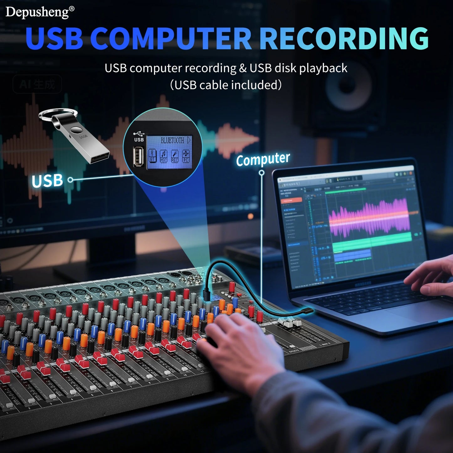 6/8/12/16 Channel Depusheng Audio Mixer Professional  Sound Board DJ Mixing Console System Interface USB MP3 Input Bluetooth 48V