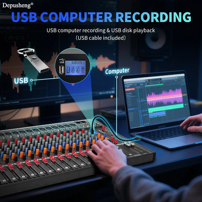 6/8/12/16 Channel Depusheng Audio Mixer Professional  Sound Board DJ Mixing Console System Interface USB MP3 Input Bluetooth 48V