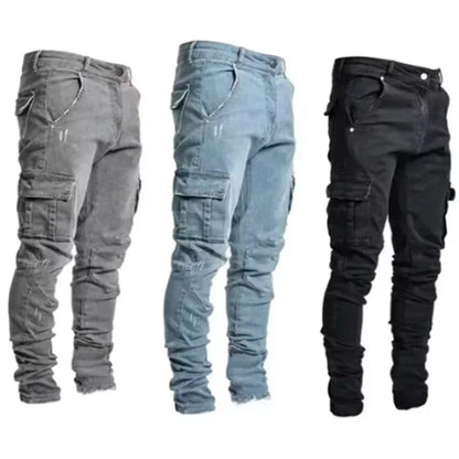 Fashion Solid Color Versatile Jeans Men High Quality Multi Pockets Cargo Denim Trousers Male Classic Mid Waist Narrow Leg Pants