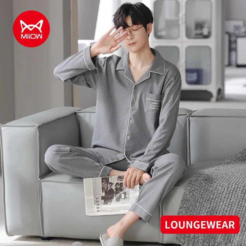 MiiOW Herr Pyjamas Set Vinter – Bomull Långärmad Rutig Grå Krage Plus Size, 8 Färger M–XXXL