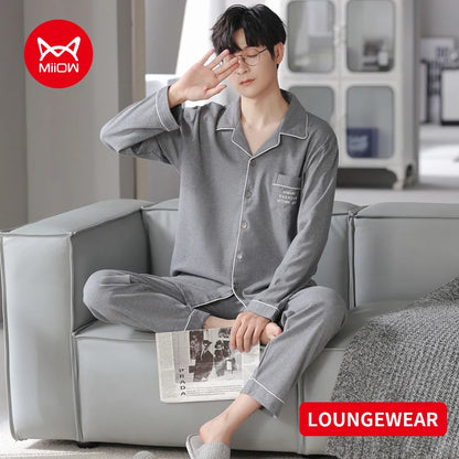 MiiOW Herr Pyjamas Set Vinter – Bomull Långärmad Rutig Grå Krage Plus Size, 8 Färger M–XXXL