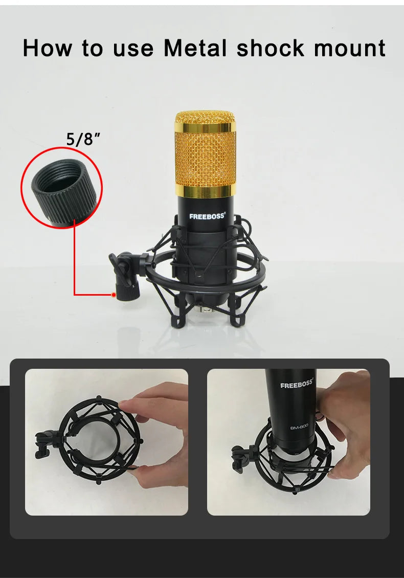 Freeboss BM-800 Kondensatormikrofon-kit med arm och stöttålig fäste för dator