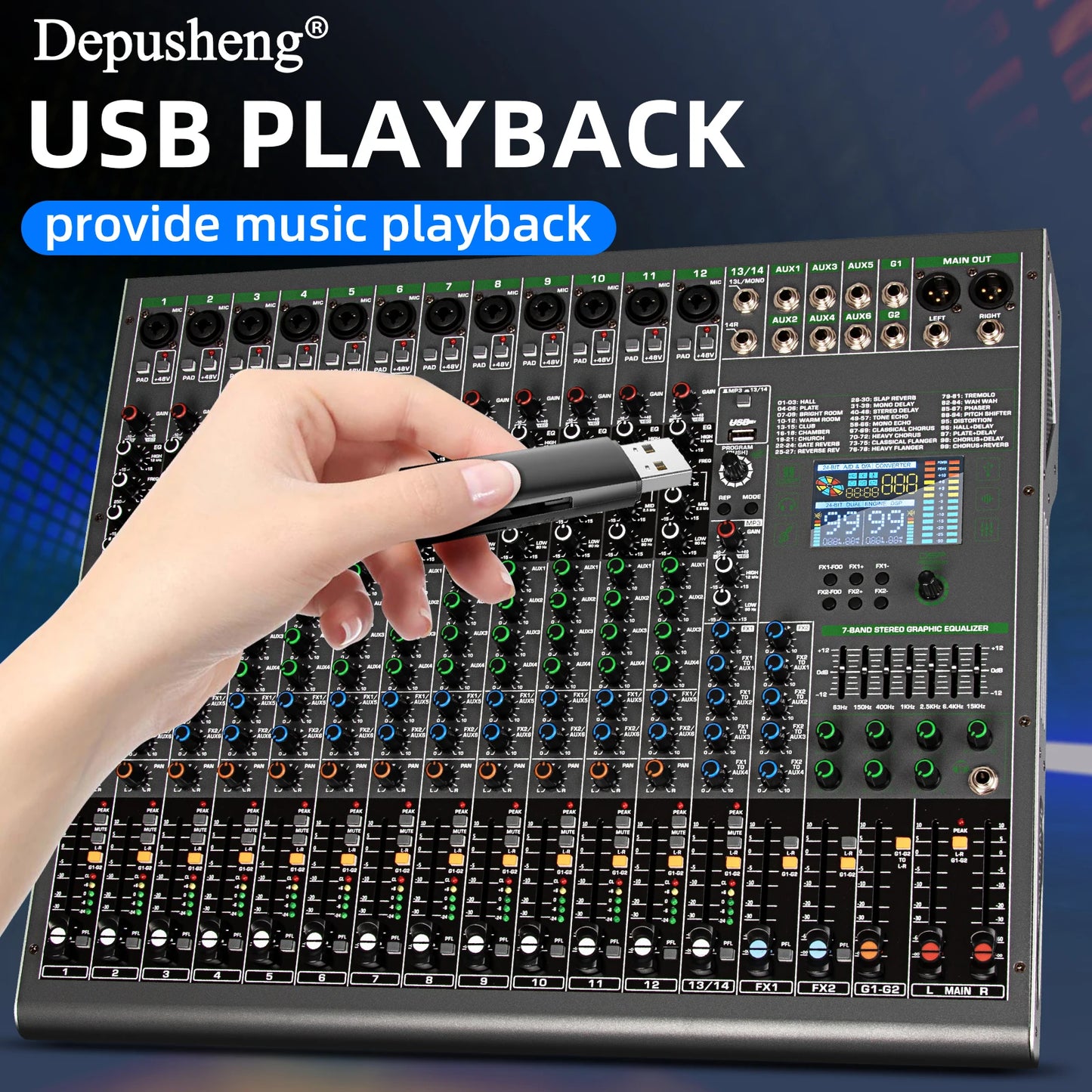 14 Channels Digital Professional Audio Console Mixer Depusheng TG14 Mixing DJ Console USB with 48V Phantom Power Built-in 99 Rev