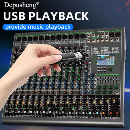 14 Channels Digital Professional Audio Console Mixer Depusheng TG14 Mixing DJ Console USB with 48V Phantom Power Built-in 99 Rev