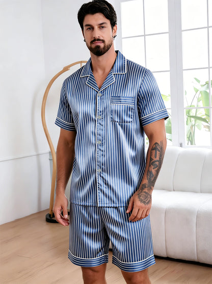 Men's Pj Satin Stripe Print Design Short Sleeve Pajama Set Soft Comfortable Sleepwear for Summer Lightweight Homewear Lougewear