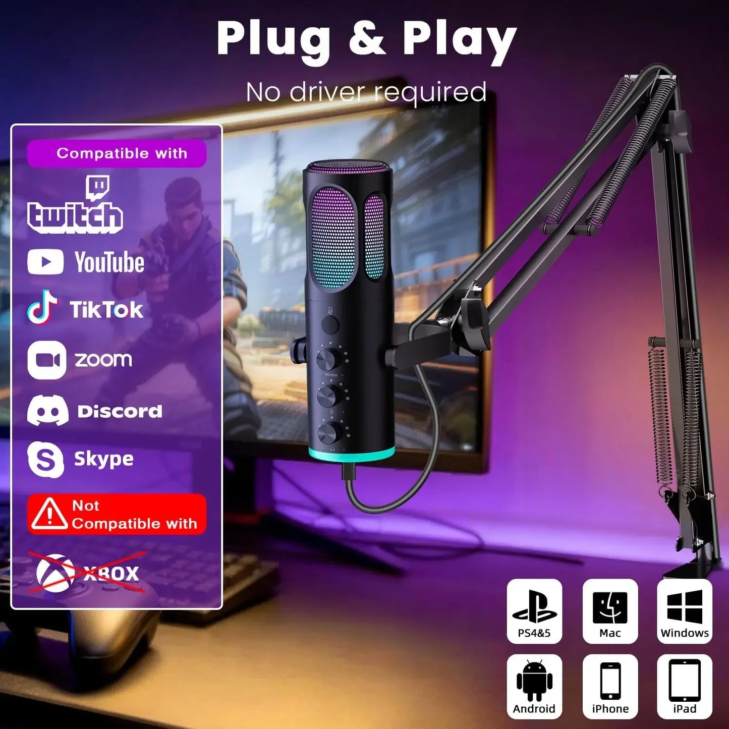 PUPGSIS Gaming USB Microphone, Noise Cancellation Condenser Mic with Mute, Gain, RGB Lights, Boom Arm Stand for Streaming, PC