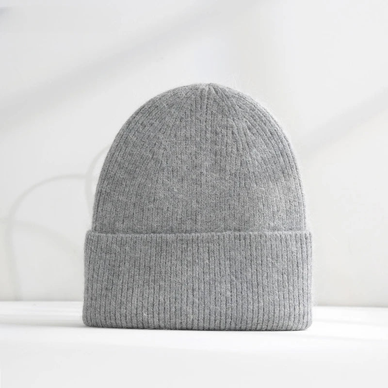 Fluffy Angora Hat Rabbit Fur Warm Winter hat For Womans Cashmere Wool Soft Beanies Blue Knitted Hat Outdoor Ski Female