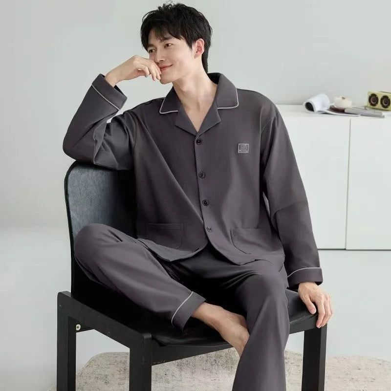 Casual Spring and Autumn Pajamas for Men, New Versatile Cardigan Long-Sleeved Long Pants Set, Simple and Stylish, Plus-Size Loungewear