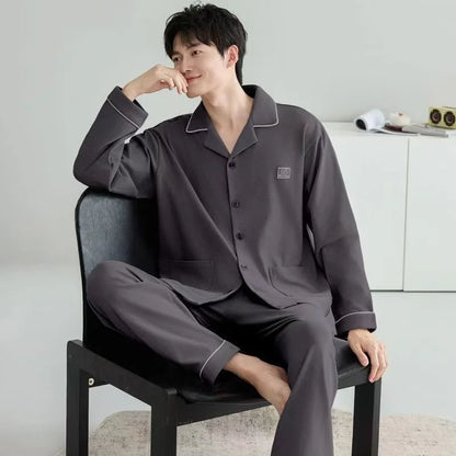 Casual Spring and Autumn Pajamas for Men, New Versatile Cardigan Long-Sleeved Long Pants Set, Simple and Stylish, Plus-Size Loungewear