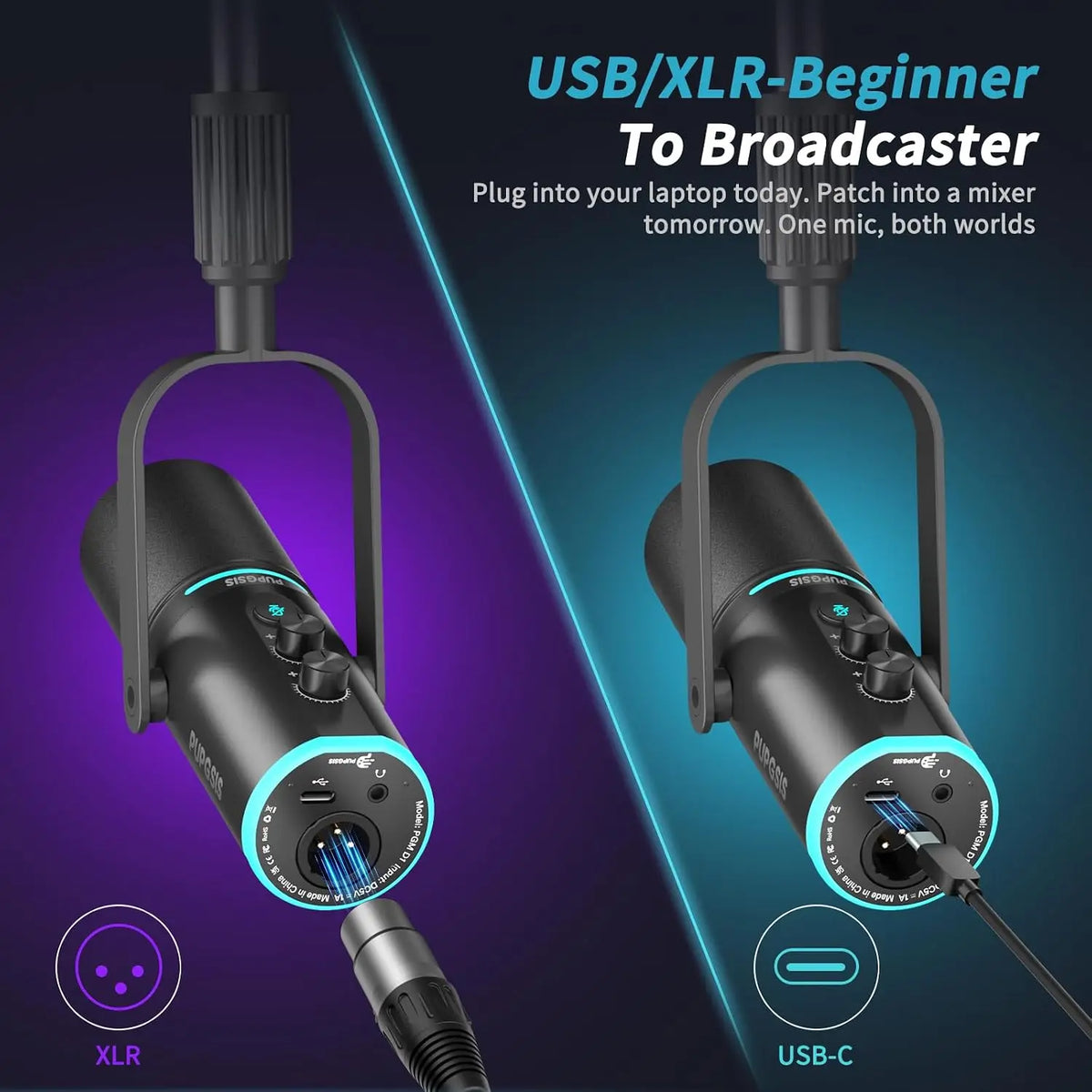 PUPGSIS Podcast Microphone Kit, USB/XLR Dynamic Vocal Mic, Streaming Mic with RGB Lights for PC/XLR Mixer, with Mute Button, Headphone Jack, Gain Knob, for Gaming Voice-Over Recording