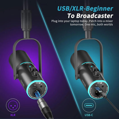 PUPGSIS Podcast Microphone Kit, USB/XLR Dynamic Vocal Mic, Streaming Mic with RGB Lights for PC/XLR Mixer, with Mute Button, Headphone Jack, Gain Knob, for Gaming Voice-Over Recording
