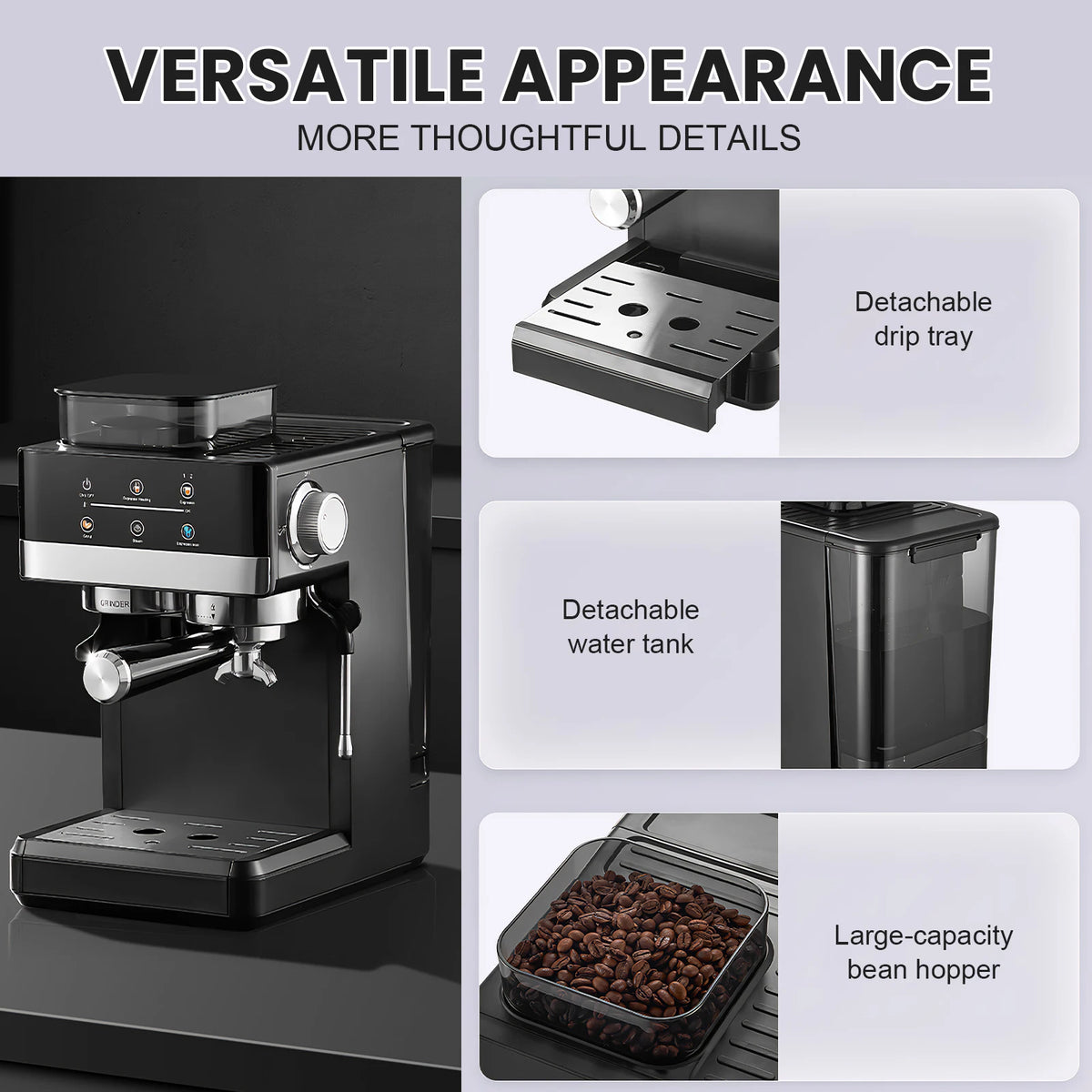 Matte Black Smart Espresso Coffee Machine Burr Grinder Touch Screen Pre-Infusion 360° Steam Wand Cold Brew