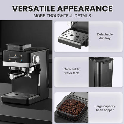 Matte Black Smart Espresso Coffee Machine Burr Grinder Touch Screen Pre-Infusion 360° Steam Wand Cold Brew