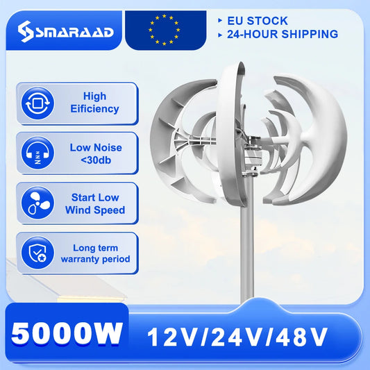 Vertikal Vindturbin 5000W 12V/24V/48V – Lågbullrig Permanent Magnet Off-Grid 220V med Regulator, EU-lager Polen