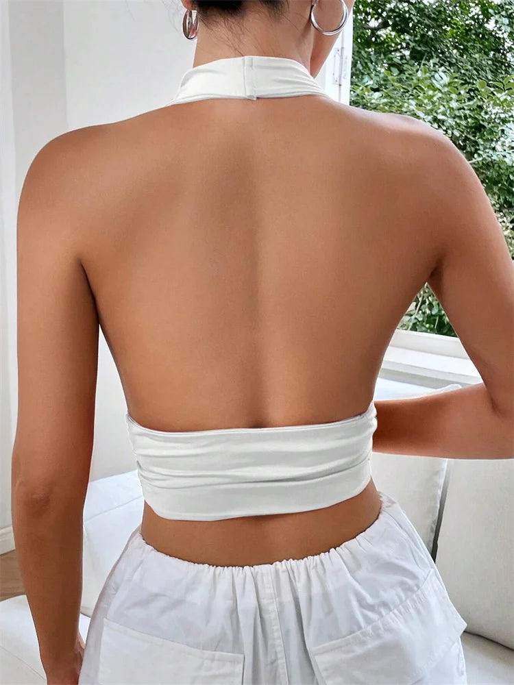 Dam Halter Crop Top Backless – Djup V-ringning, Y2K Streetwear Sommar, 3 Färger