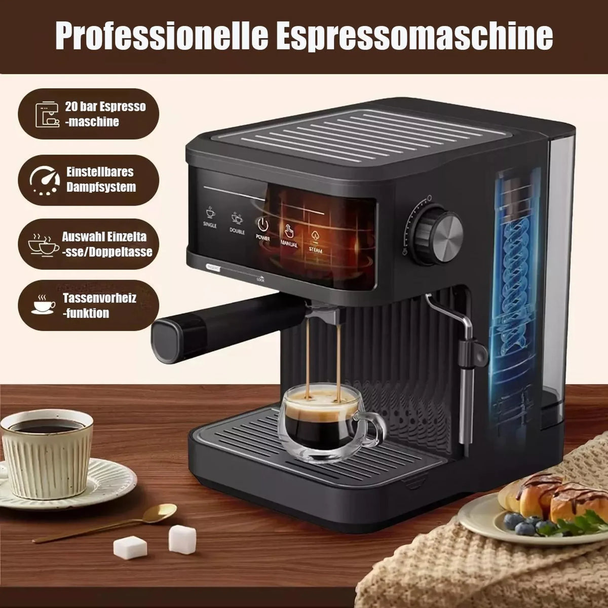 20 Bar Espresso Machine Smart Touchscreen 360° Steam Wand Cup Warmer Single Double Shot 1.8L Black
