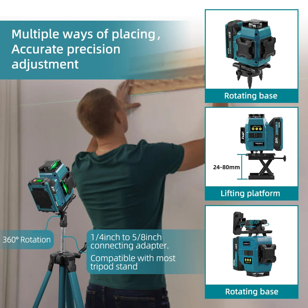 YOFIDRA 4D 16 Lines Laser Level Self-Leveling 360° Horizontal Vertical Leveling Tools With 1M Tripod For Makita 21V Battery Pin
