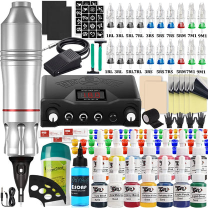 Complete Cartridge Tattoo Pen Machine Kit DC Rotary Machine Pen with Cartridge Needles Power Supply Inks for Tattoo Beginner Set
