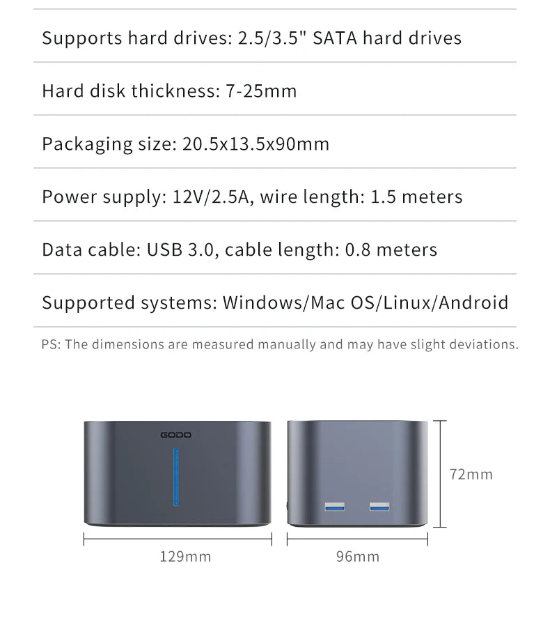 GODO USB 3.0 Dubbel Fack Typ C Hårddiskdocka för 2.5/3.5 tums SATA-enheter