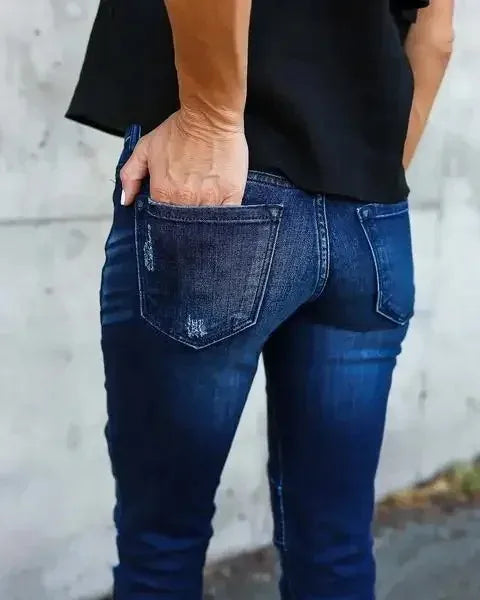 Women Jeans Denim Pencil Pants Pockets Streetwear Slim Mom Holes Punk Sexy Sheath High Waist Washing Distressed Ankle Length