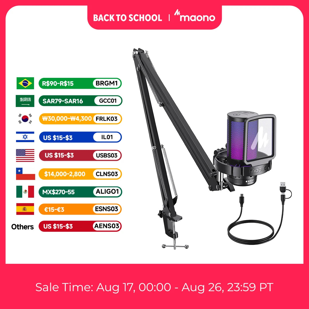 MAONO DGM20S Gaming USB Microphone Condenser Mic with RGB Light Noise Cancellation Boom Arm for Streaming Podcast YouTube Tiktok