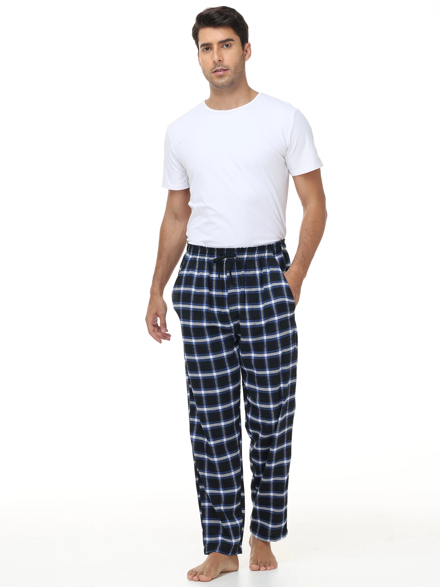 Men's 3Pcs Pajama Sleeping Pants Cotton Plaid Pjs, Long Plaid Print Sleepwear Pajama Pants with Elastic Waist Homewear
