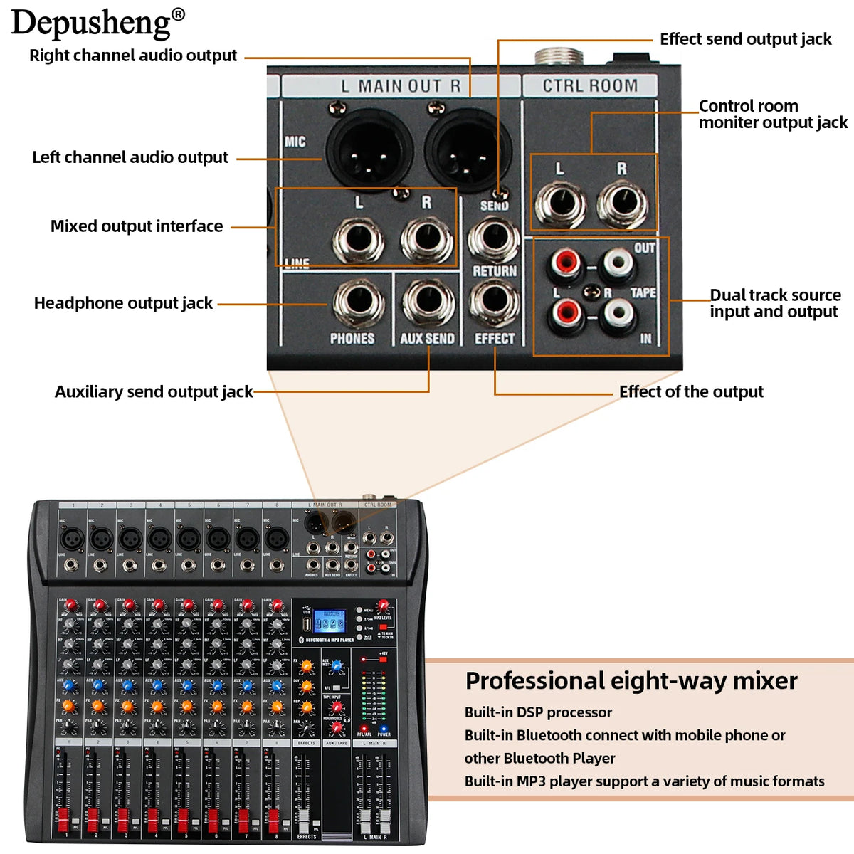 Depusheng DX8 8-kanals ljudmixer med Bluetooth och DSP-effekter