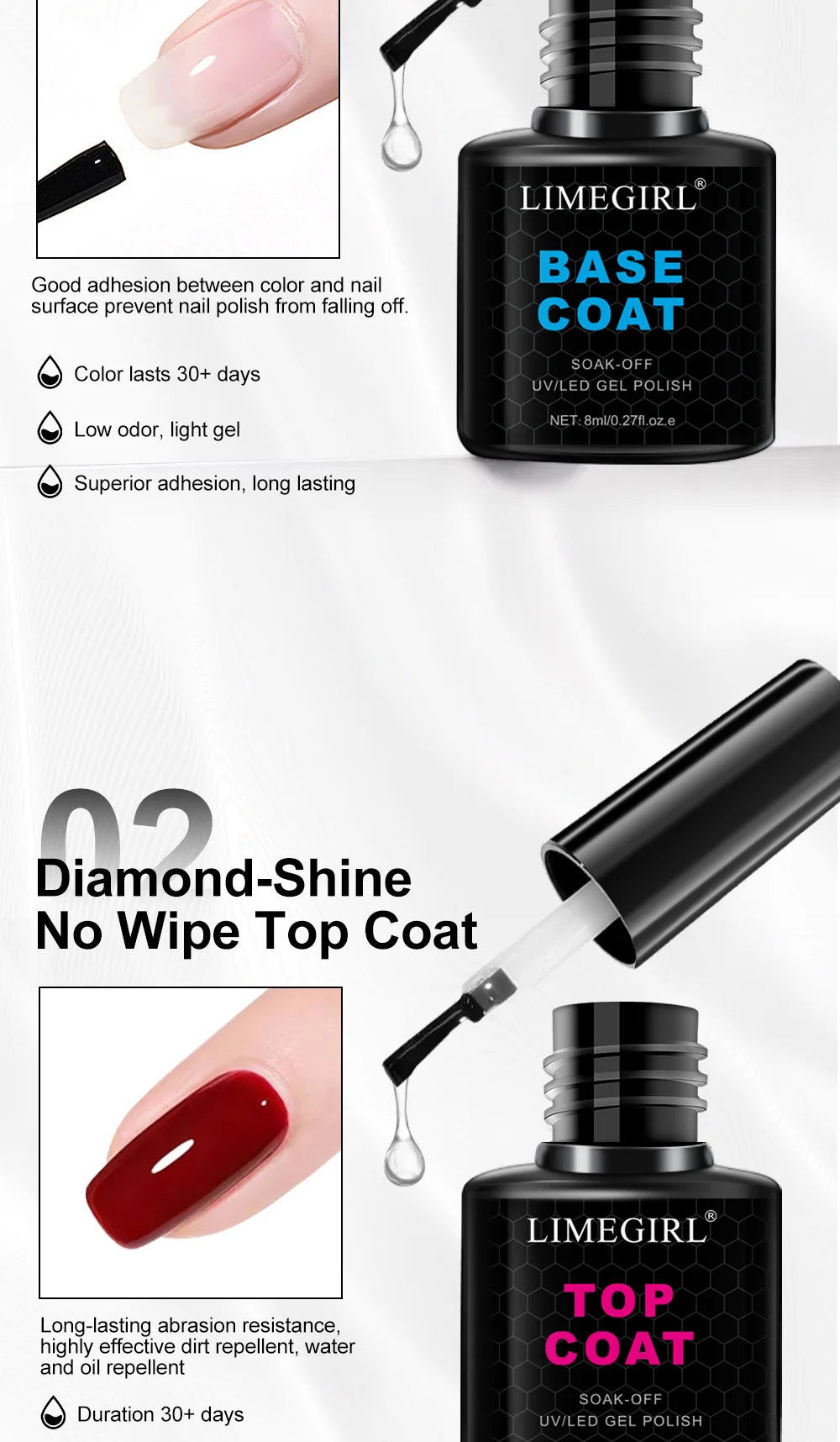 LIMEGIRL 8ml Soak Off Matte Top Base Coat for Nails UV Gel Polish Semi Permanent Functional Manicure Top Base Coat Varnish