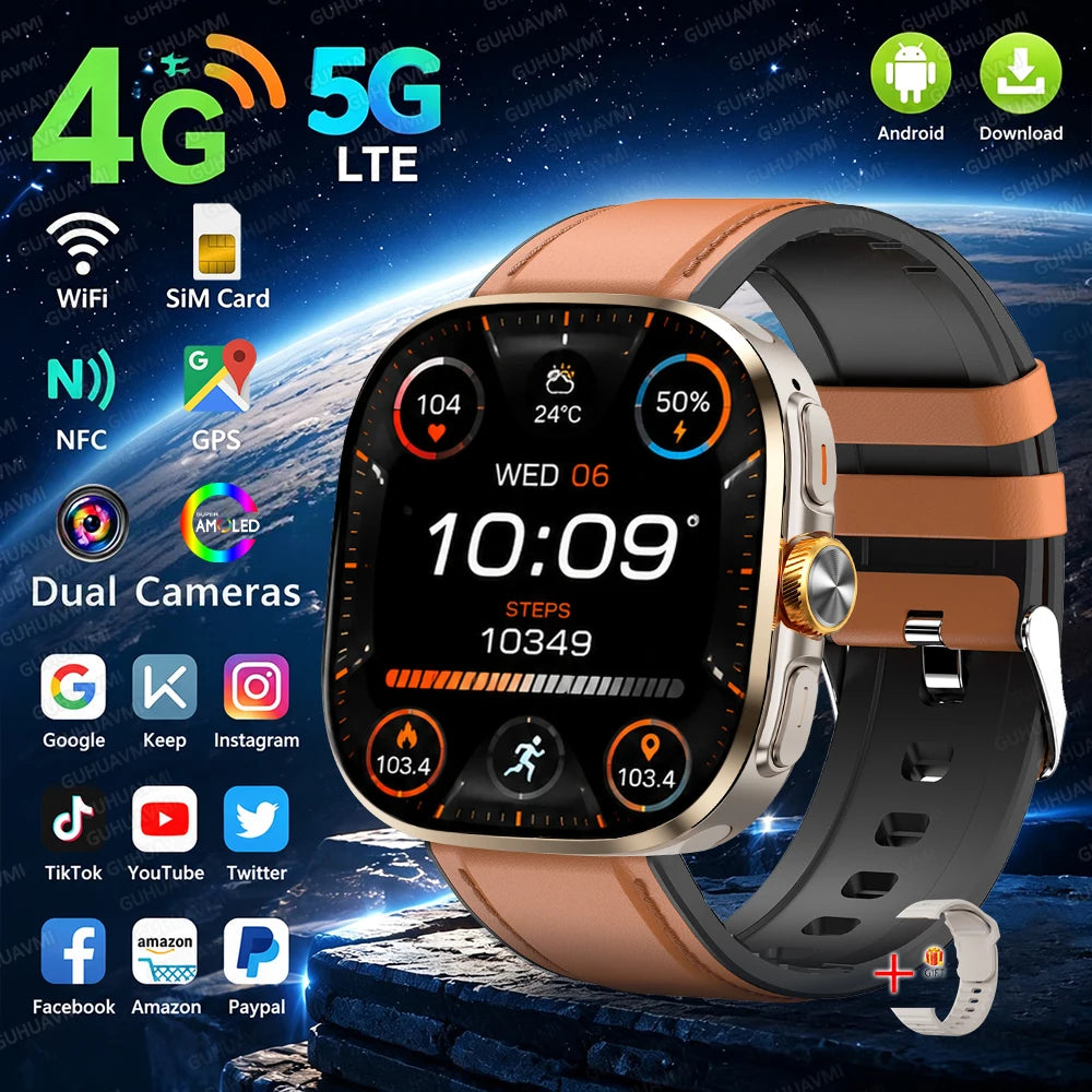 Smartklocka Herr 2026 – 4G/5G SIM, 8GB+128GB, 2,4" AMOLED, GPS, WiFi, Videosamtal & Android-appar