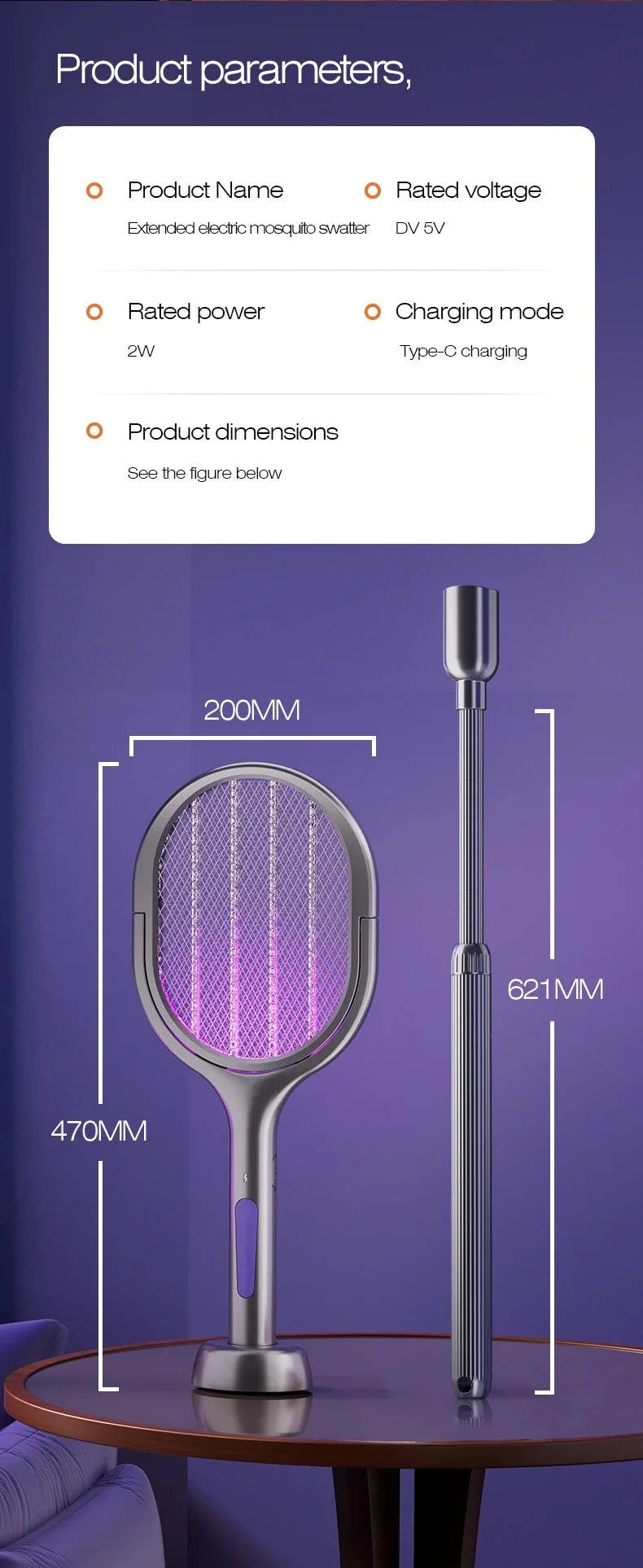 Telescopic Electric Mosquito Swatter & UV Trap Lamp, Extendable 109cm, Safe Physical Killer, Rechargeable, Wall Mount No Gap