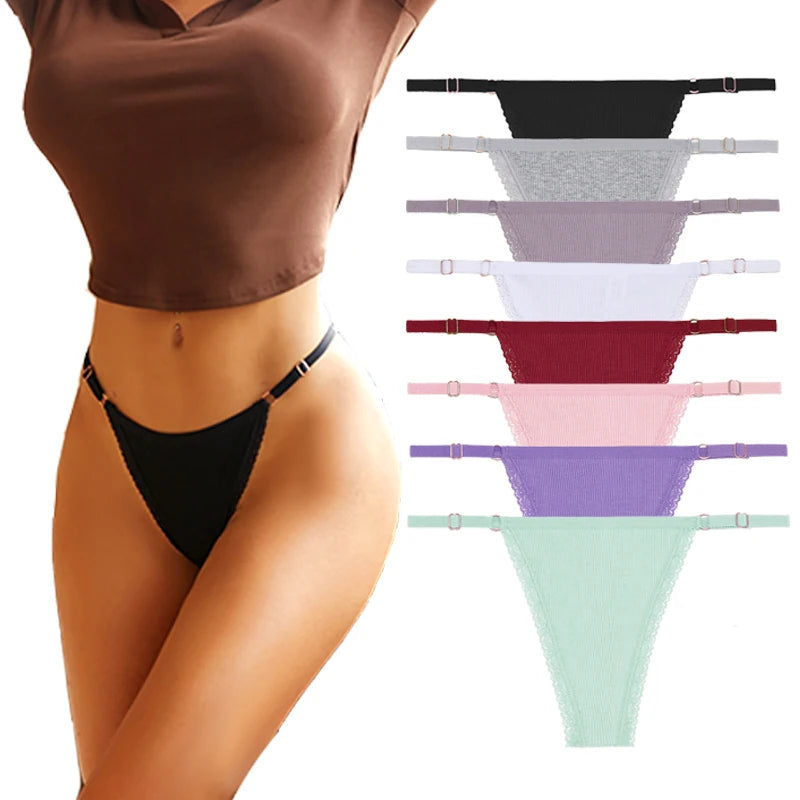 4Pc G-String Cotton Lace Women Thongs Lingerie Low Rise Panties Adjustable Waistband Straps Hipster Underwear For Girl Intimates