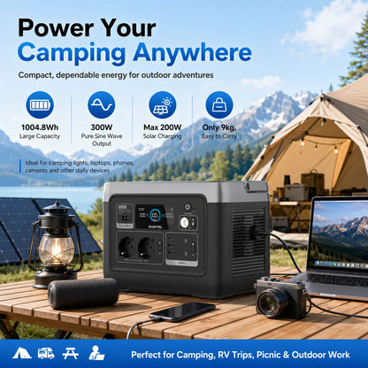 OUKITEL P1001E 1004.8Wh LiFePO4 Power Station｜300W(600W Peak) 230V Pure Sine Wave, 10ms UPS, 3H Fast Charging, 200W Solar Input, 8000 Cycles. Portable Backup Power for Camping, Motorhomes, Van Life, Travel, Fishing, Home Blackouts & Off-Grid Use