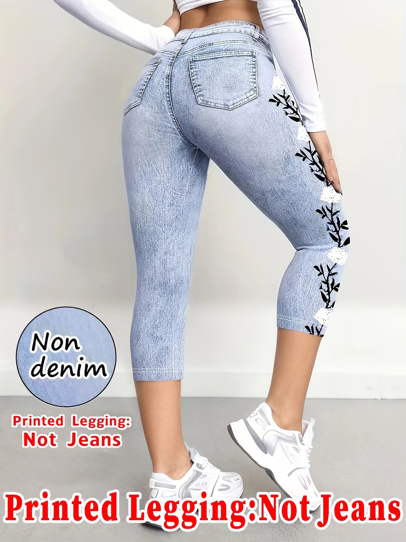 Fashionable Women's Printed Skinny Capris, High-Elastic Seamless Design with Mock Pockets, Ideal for Casual and Sports Wear