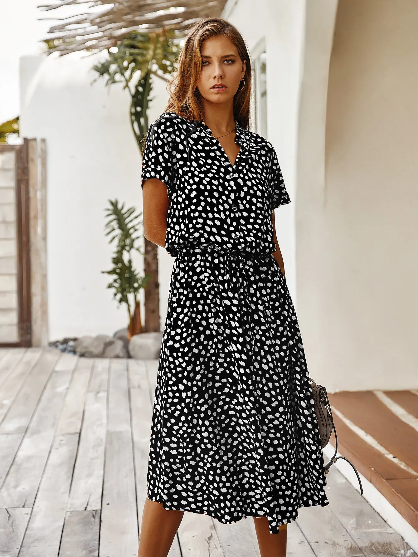Vintage Blommig Boho Skjortklänning – Kortärmad, Lång, Nedvikt Krage, Skärp, 6 Färger, S–XL