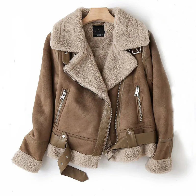 Varm Lammskinnsjacka Dam – Kort Motorcykelstil, Faux Shearling, Mocka, 2 Färger, XS–XL