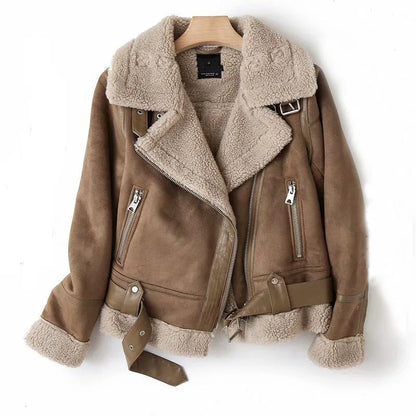 Varm Lammskinnsjacka Dam – Kort Motorcykelstil, Faux Shearling, Mocka, 2 Färger, XS–XL
