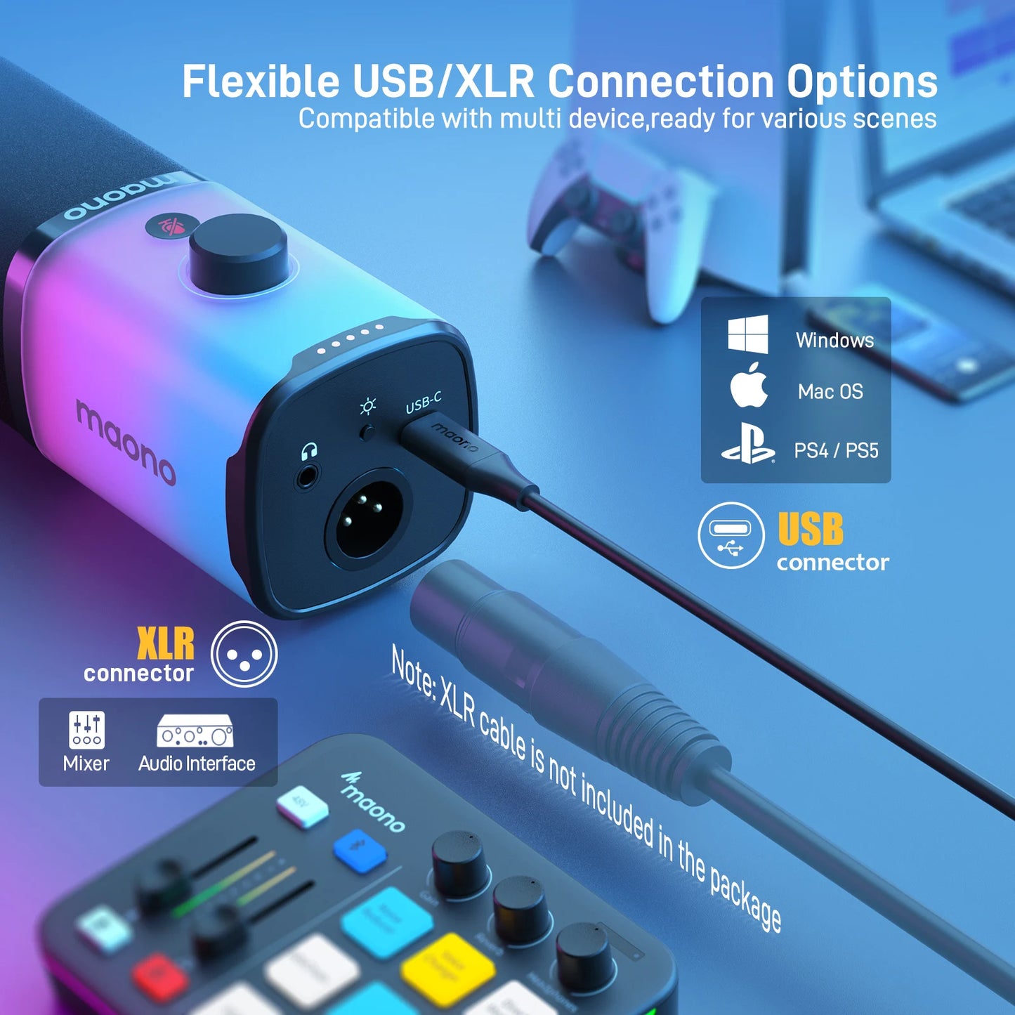 Maono PD100X RGB Gaming Microphone USB/XLR Dynamic Mic with Noise Reduction Mute Headphone Jack Mic for Gaming Streaming Podcast