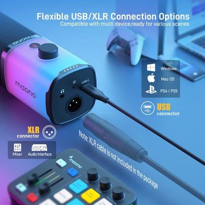Maono PD100X RGB Gaming Microphone USB/XLR Dynamic Mic with Noise Reduction Mute Headphone Jack Mic for Gaming Streaming Podcast