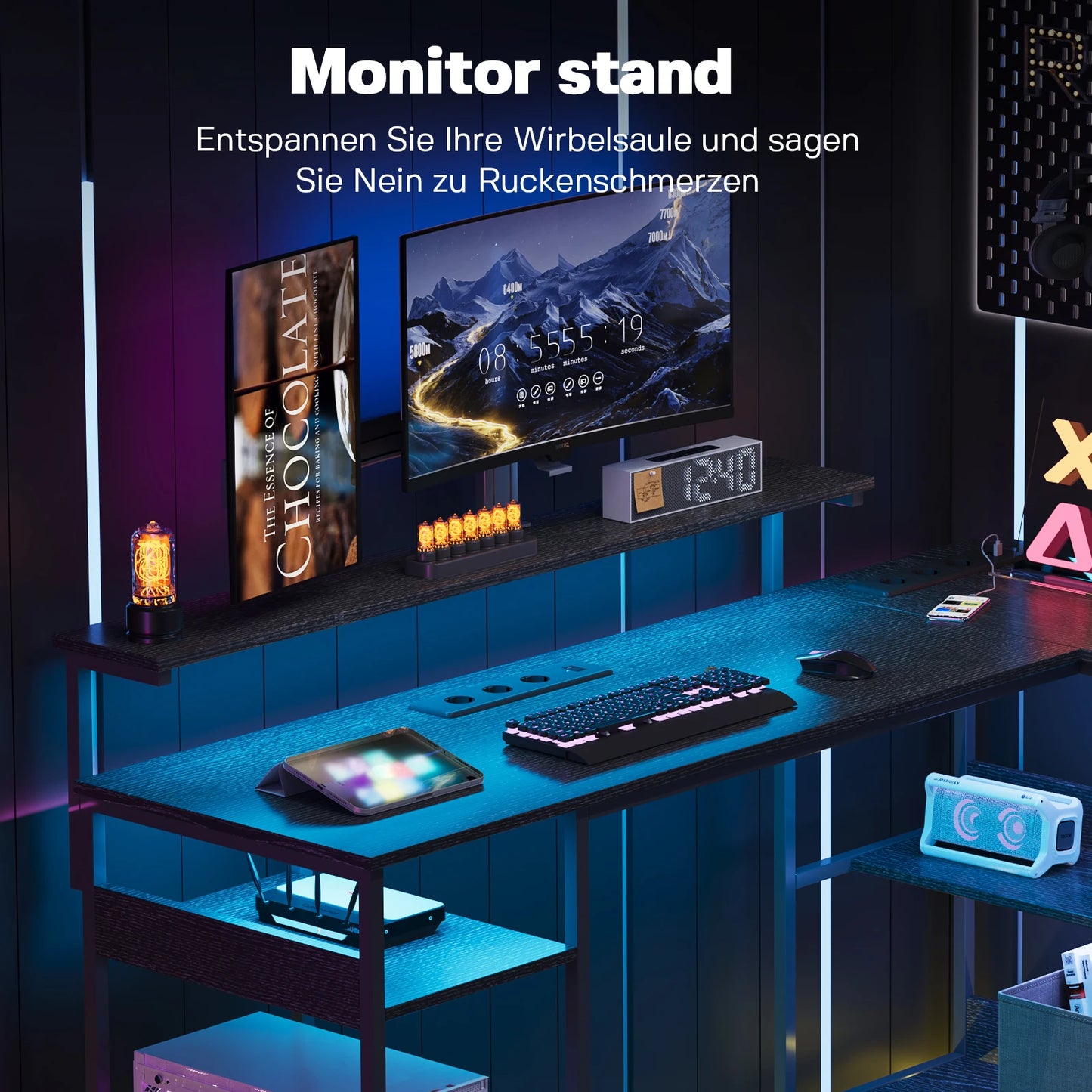 Black L-shaped gaming desk 120x110cm with monitor stand, drawers, cable cutout, and multiple shelves; office table for home use