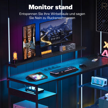 Black L-shaped gaming desk 120x110cm with monitor stand, drawers, cable cutout, and multiple shelves; office table for home use