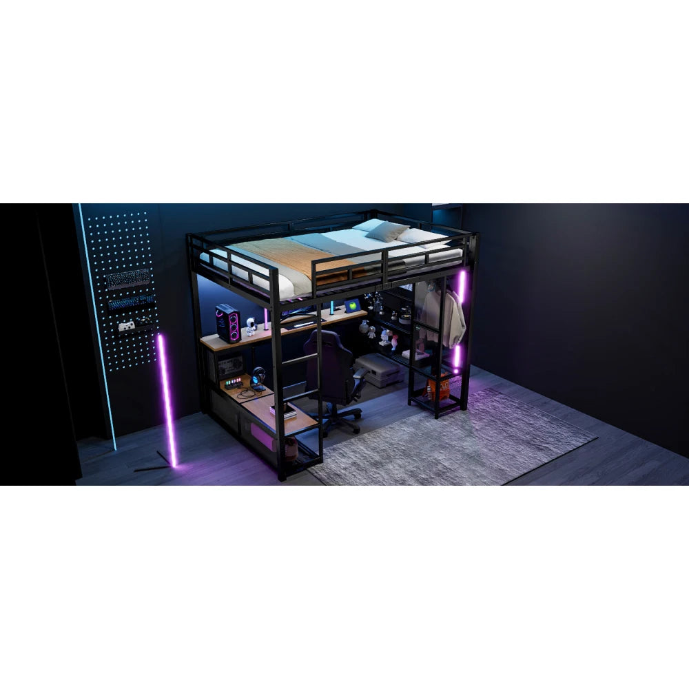 140x200cm Metal High Bed with Storage and Open Wardrobe, Kids Bedroom Bed with USB Connector and LED Lighting, Black/white