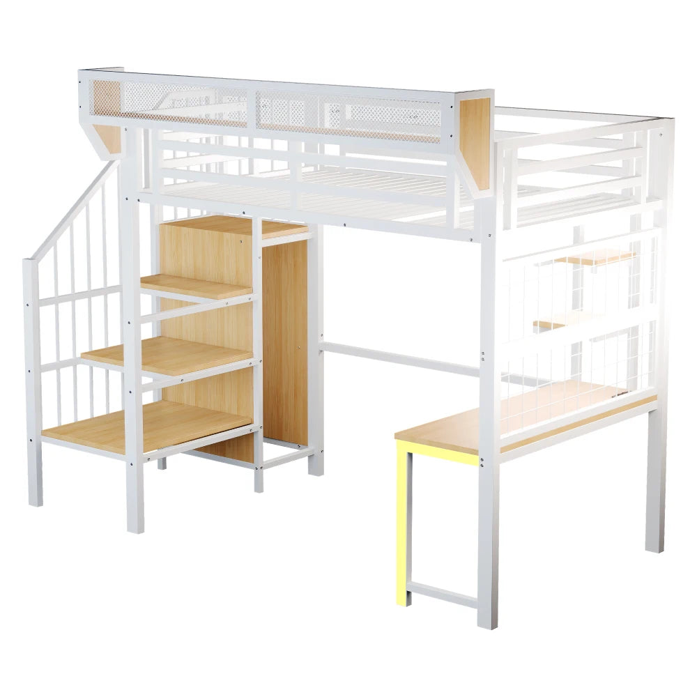 90×200cm & 140*200cm Metal High Bed, with Desk, Shelf and Storage Net, Complete with Safety Ladder, LED Lighting and Socket
