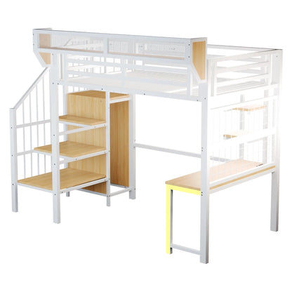90×200cm & 140*200cm Metal High Bed, with Desk, Shelf and Storage Net, Complete with Safety Ladder, LED Lighting and Socket