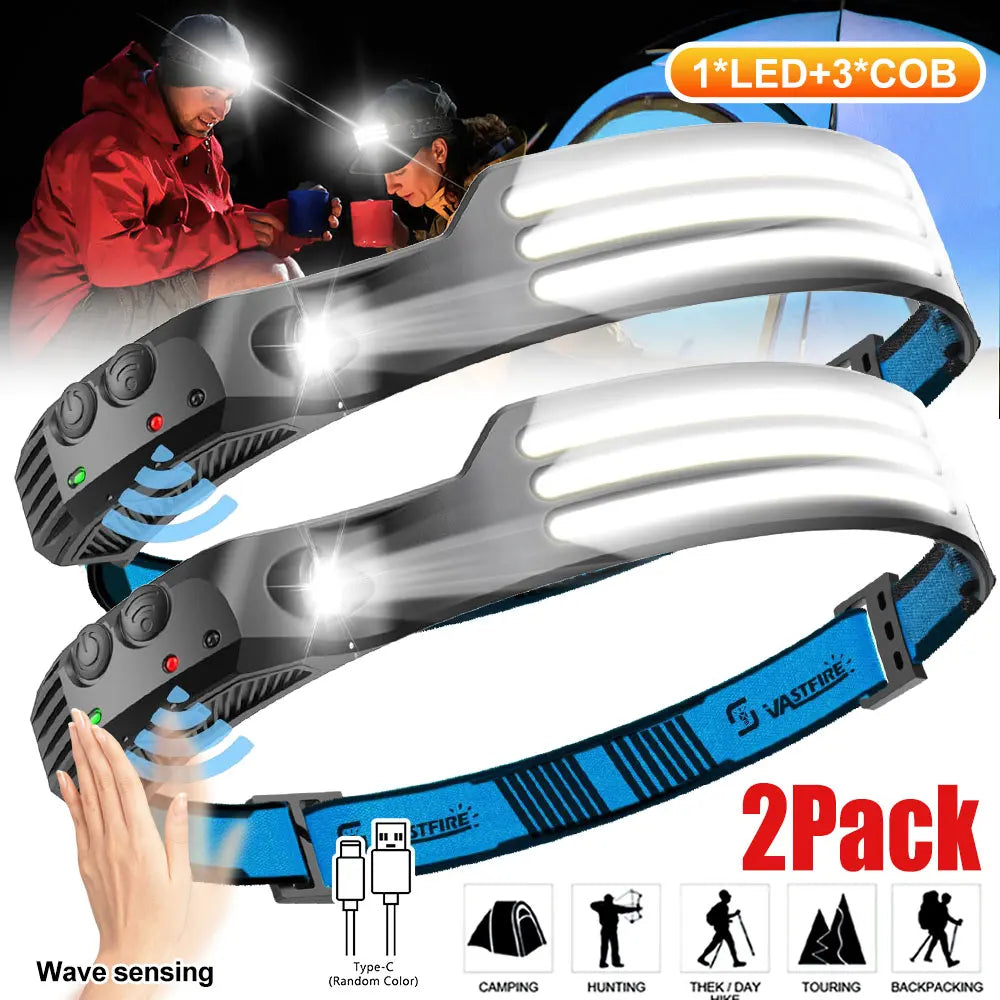 VASTFIRE COB+XPE Pannlampa med Rörelsesensor – USB-C, 455 Lumen, 5 Lägen, Vattentålig, Camping & Fiske