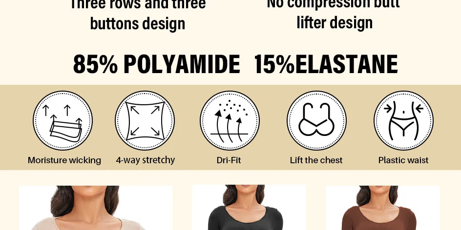 POKARLA Spandex Elastic Body Suit Shapewear Women Body Shaper Tummy Control Long Sleeve Open Crotch Round Neck Seamless Shapers