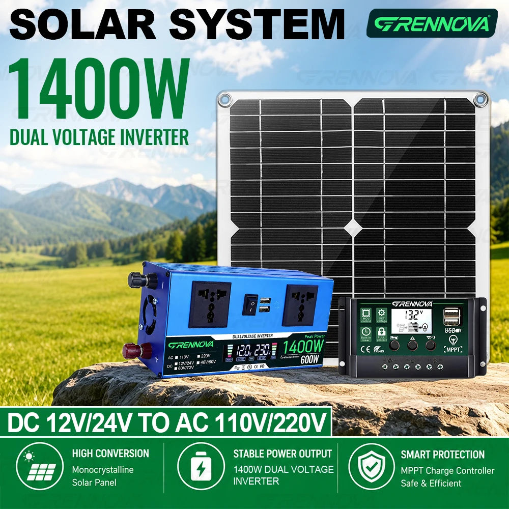Grennova Solkraftsystem – Ren Sinusvåg 700W/1400W + 30W Solpanel + 60A MPPT 12V/24V 110V/220V Husbil Off-Grid CE