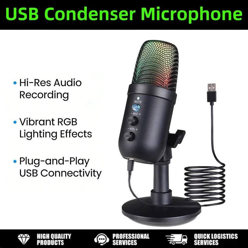 USB Gaming Microphone for PC Condenser Podcast Mic for Studio Recording Headphone Jack RGB Noise Cancellation with Mute Button