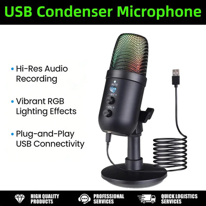 USB Gaming Microphone for PC Condenser Podcast Mic for Studio Recording Headphone Jack RGB Noise Cancellation with Mute Button